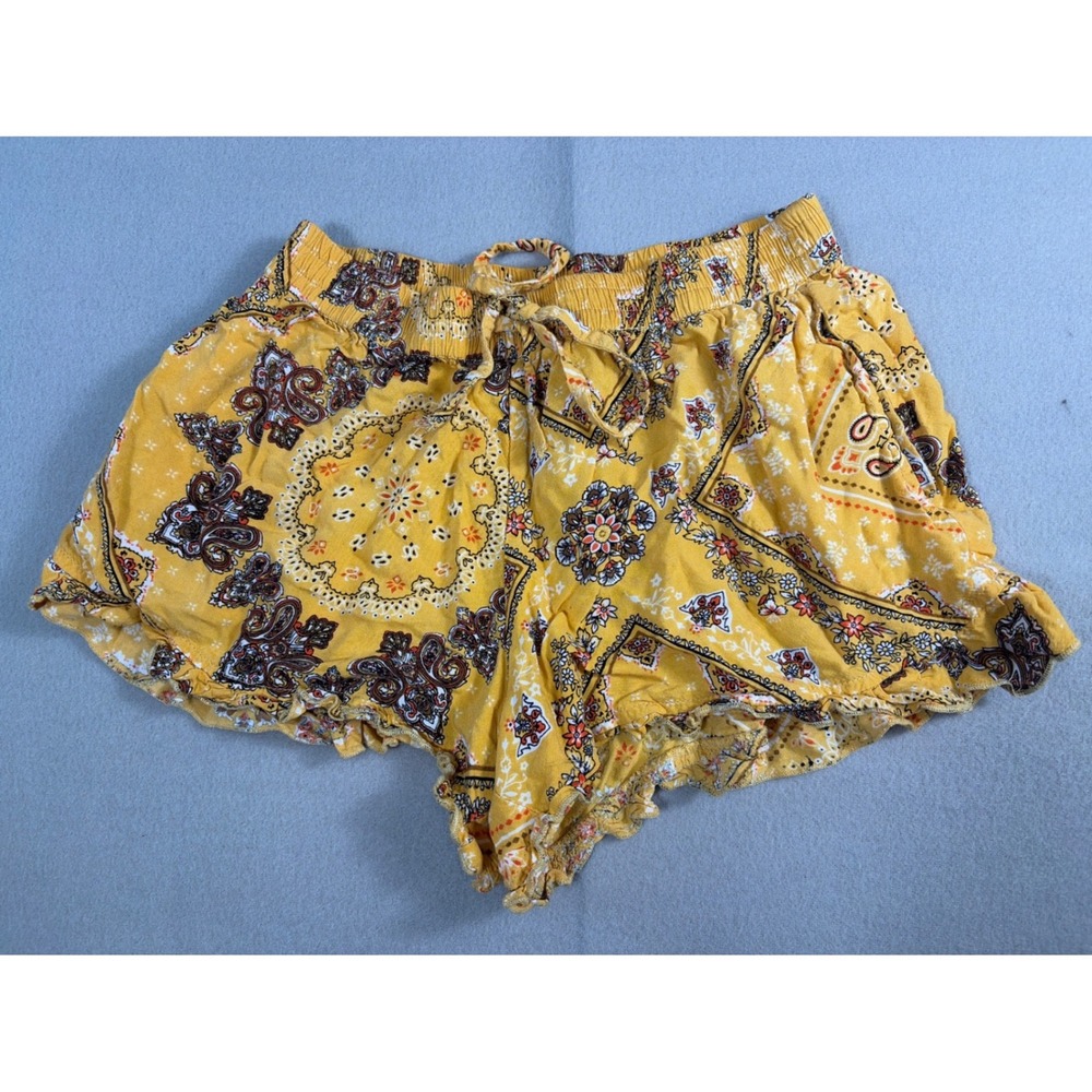 Urban Rebel Womens Yellow Boho Paisley Bandana Print Rayon Ruffle Shorts Small